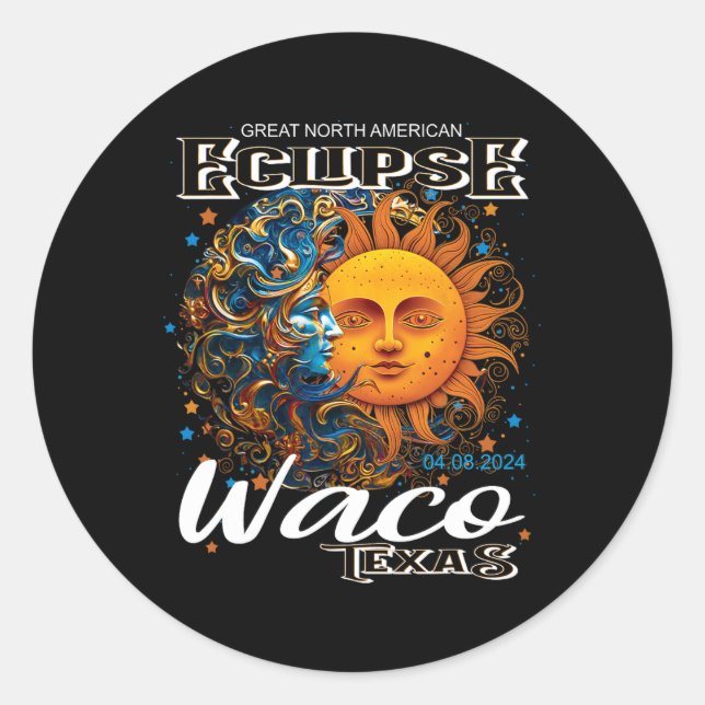 Sticker Rond Waco Texas 2024 Total Solaire Eclipse Cosmique 8 a (Devant)