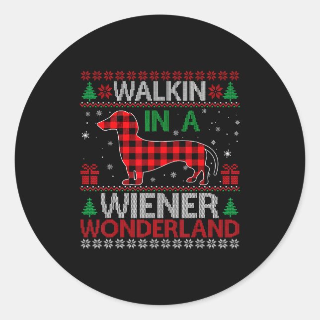 Sticker Rond Walking In A Wiener Wonderland Funny Dachshund Chr (Devant)