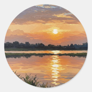 Sticker Rond Warm Yellow Sunset by Lake