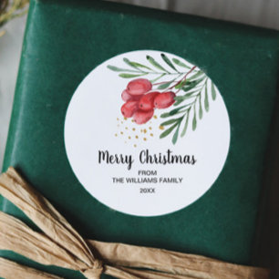 Sticker Rond Watercolor Berry et Branches Holiday