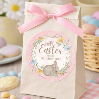 Sticker Rond Watercolor Bunny Spring Wildflowers Happy Easter 