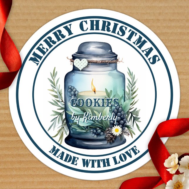 Sticker Rond Watercolor Christmas Cookie Jar  (Christmas sticker featuring a watercolor design of a seasonal jar with candle - for homemade cookies)