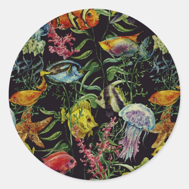 Sticker Rond Watercolor Sea Life Pattern 1 (Devant)