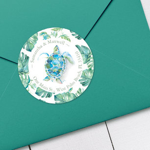 Sticker Rond Watercolor Sea Turtle & Greenery Adresse de retour