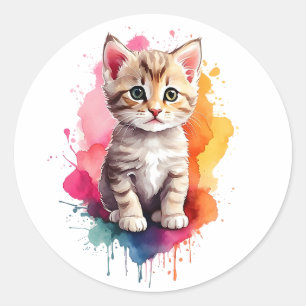 Sticker Rond Watercolor Splash Art Kitty Chat Splatter Peinture