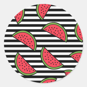Sticker Rond Watermelon sur Motif Black & White Stripes