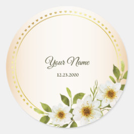 Sticker Rond Wedding Rustic Golden Geometric White Floral Peach