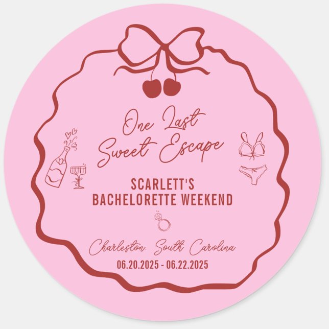 Sticker Rond Week-end de jeune fille Pink et Red Cherry (One Last Sweet Escape bachelorette weekend sticker ,favors, gifts, and décor in red and pink)