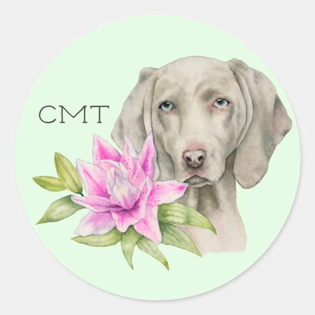 Sticker Rond Weimaraner Chien et Lily Aquarelle | Monogramme (Devant)