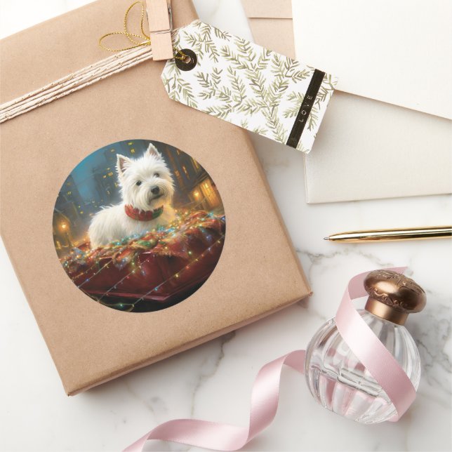 Sticker Rond West Highland White Terrier Festif de Noël (Cadeaux)
