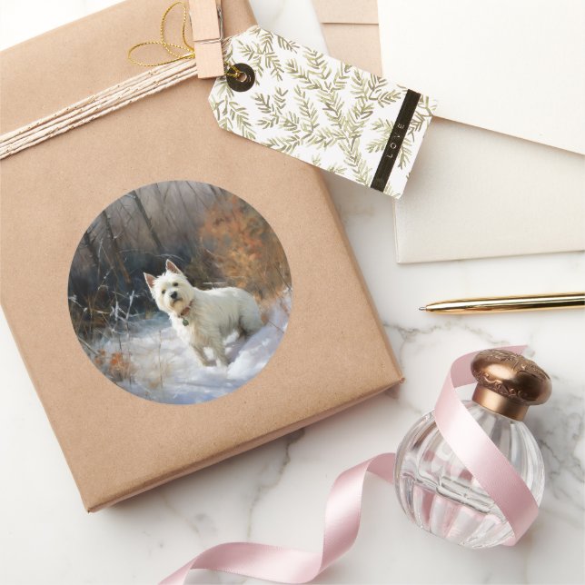 Sticker Rond West Highland White Terrier Laissons neiger Noël (Cadeaux)
