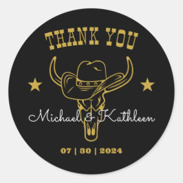 Sticker Rond Western Cowboy Bull Skull Mariage campagnard rusti