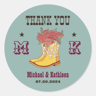 Sticker Rond Western Floral Cowboy Boot Monogramme Rustique Mar