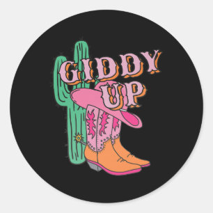 Sticker Rond Western Texas Giddy Up Cowboy Boots Cactus