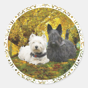 Sticker Rond Westie et Scottie en automne
