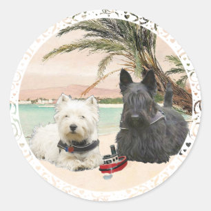 Sticker Rond Westie et Scottie sur la plage de Palmy