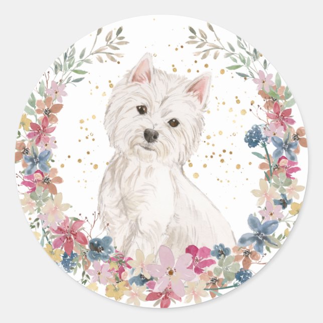 Sticker Rond Westie Terrier Fleurs de printemps Wreath (Devant)