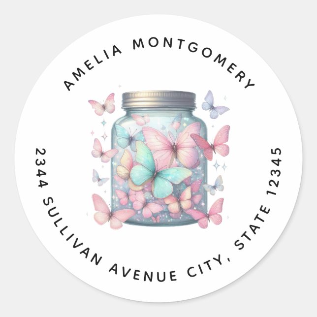 Sticker Rond Whimsical Butterflies in a Jar - Address (Devant)