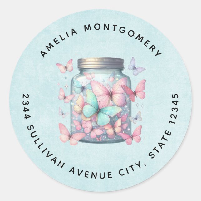 Sticker Rond Whimsical Butterflies in a Jar - Address (Devant)