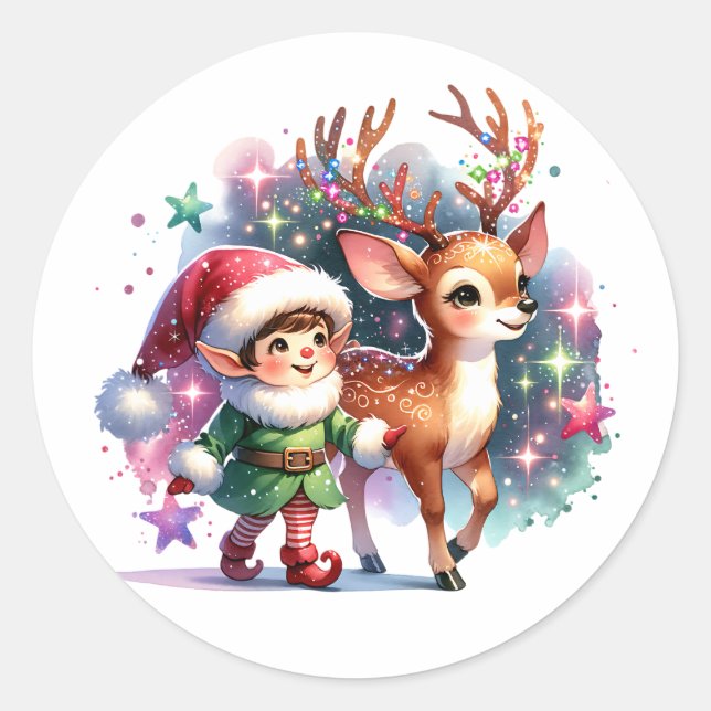 Sticker Rond Whimsical Elf et Reindeer Christmas (Devant)