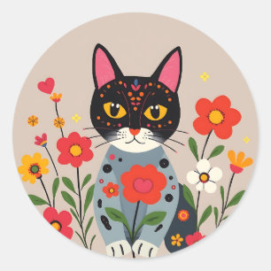 Sticker Rond Whimsical Folk Art Chat noir et fleurs