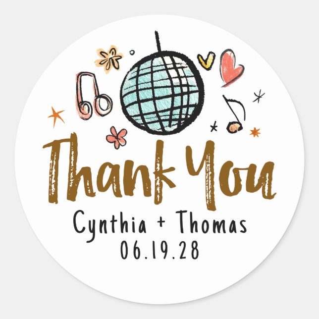 Sticker Rond Whimsical Funky Main tiré Merci Mariage (Devant)