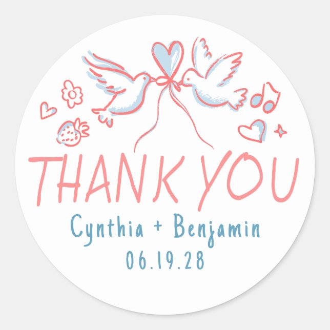 Sticker Rond Whimsical Funky mignon main tiré Merci Mariage (Devant)