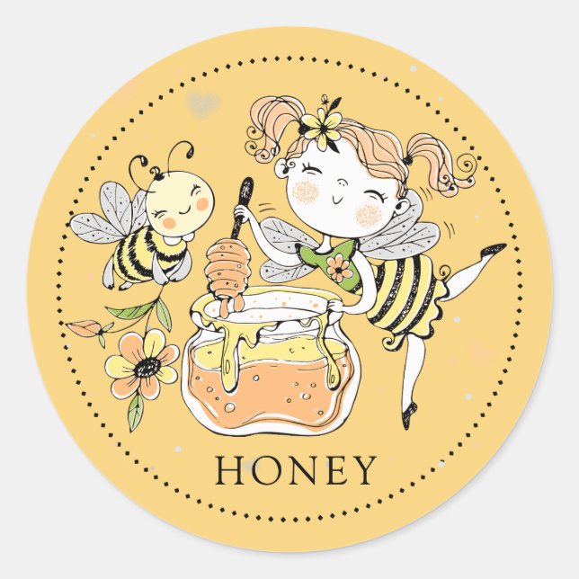 Sticker Rond Whimsical Girl bee honey Jar Label (Devant)