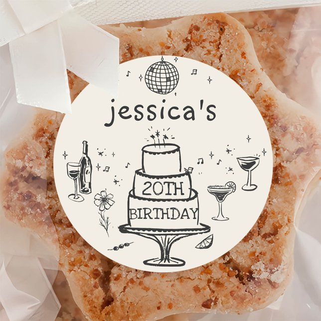 Sticker Rond Whimsical Main dessiné Funky Cocktail Anniversaire (Créateur téléchargé)