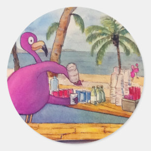 Sticker Rond Whimsical Rose Flamant rose Pours Fête Boissons Pl