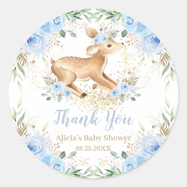 Sticker Rond Whimsical Sweet Deer Baby shower floral bleu (Devant)