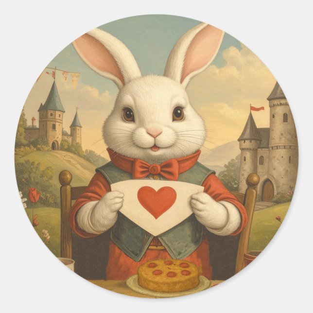 Sticker Rond Whimsical White Rabbit Hearts Enchanted Wonderland (Devant)