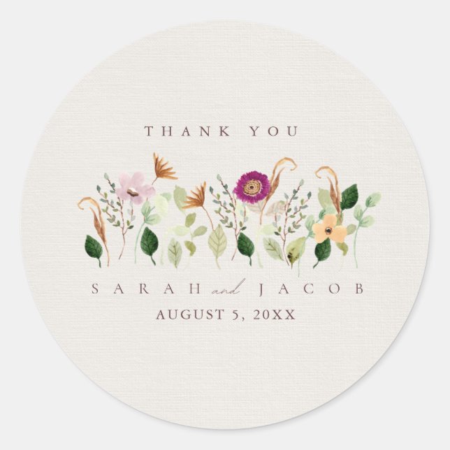 Sticker Rond Whimsical Wildflowers Garden Wedding (Devant)