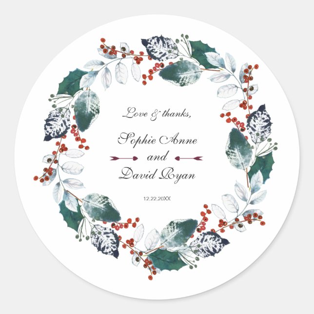 Sticker Rond Whimsical Winter Holy Berries Wreath Mariage (Devant)