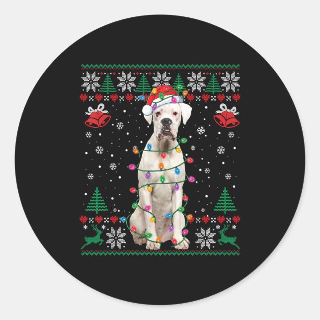 Sticker Rond White Boxer Dog Ugly Christmas Sweater Funny Xmas  (Devant)