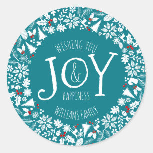 Sticker Rond White Christmas Wreath Joy Texte Modèle