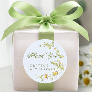 Sticker Rond White Daisy Floral Baby Shower Thank You Blue