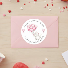 Sticker Rond White Kitten Pink Hearts Balloons Valentine's Kids