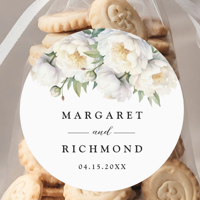 Sticker Rond White Peony Elegant Aquarelle Floral Mariage (Créateur téléchargé)