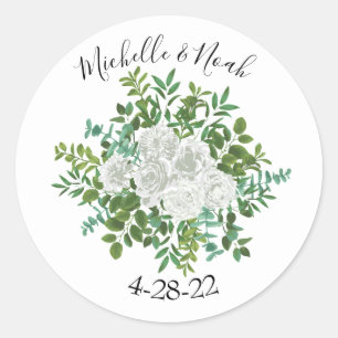 Sticker Rond White Peony & Rose Floral Mariage