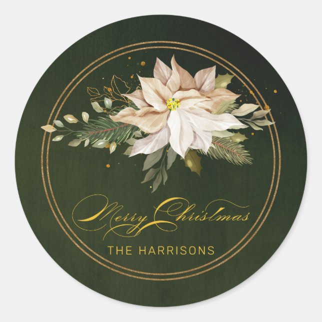 Sticker Rond White Poinsettia & Joyeuse calligraphie de Noël (Devant)