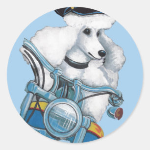 Sticker Rond White Poodle Biker Chick Art Imprimer