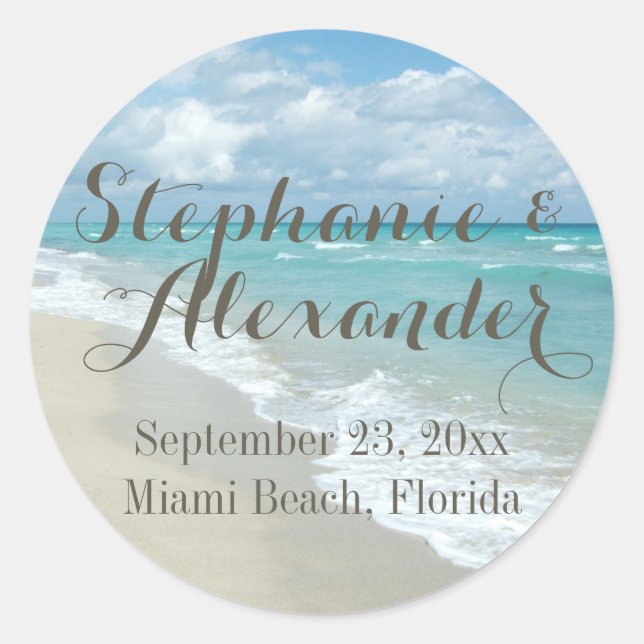 Sticker Rond White Sandy Beach Waves Mariage personnalisé Favor (Devant)