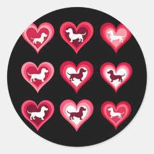 Sticker Rond Wiener Chien Dachshund Coeurs Candy Valentines Jou