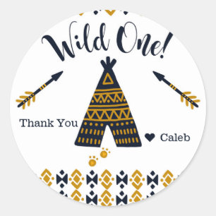 Sticker Rond Wild One 1er Anniversaire Bleu Or Tente Tipi Cadea