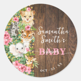 Sticker Rond Wild One Animal Rustic Safari Pink Baby Shower