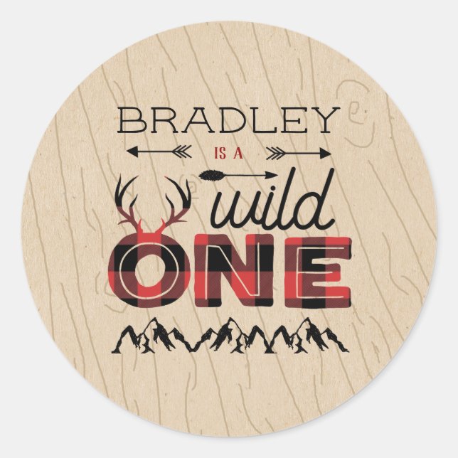 Sticker Rond Wild One Boys Rustic Plaid Lumberjack 1er annivers (Devant)