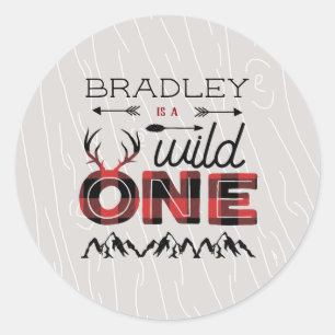 Sticker Rond Wild One Boys Rustic Plaid Lumberjack 1er annivers