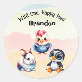 Sticker Rond Wild One Happy Fun Woodland Animaux Aquarelle