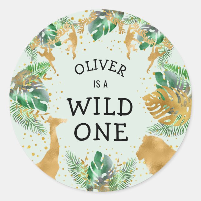 Sticker Rond Wild One Jungle Safari 1er anniversaire fête verte (Devant)